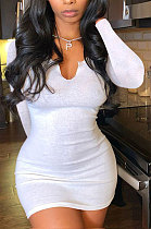 White Women Deep V Neck Tight Sexy Long Sleeve Mini Dress Q912-2