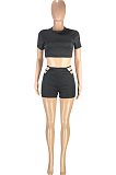 Black Casual Dew Waist Round Neck Slim Fitting T Shirts Shorts Two Piece SM9193-1