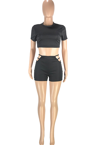 Black Casual Dew Waist Round Neck Slim Fitting T Shirts Shorts Two Piece SM9193-1