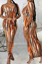 Brown Fashion Digital Print Long Dress SMR10302-2