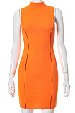 Euramerican Women Pure Color Round Neck Sleeveless Package Buttocks Slim Fitting Mini Dress FWB211