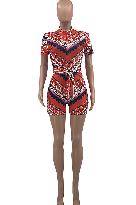 Red Summer Fashion Positioning Printing Slim Fitting Zipper Romper Shorts OEP6297-1