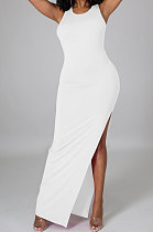 White Pure Color Sexy Sleeveless Open Fork Back Hollow Out Long Dress JP1046-3
