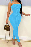 Light Blue Women Casual Pure Color Back Ruffle Condole Belt Bandage Bodycon Jumpsuits JP1050-4