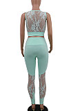 Women Pure Color Lace Spliced Sexy Top Pants Sets YF8531