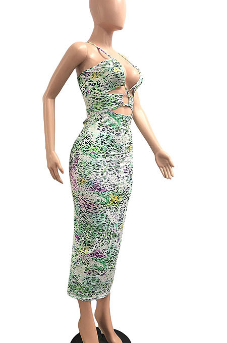 Light Green Women Sexy Casual Bandage Condole Belt Printing Midi Dress JP1048-2