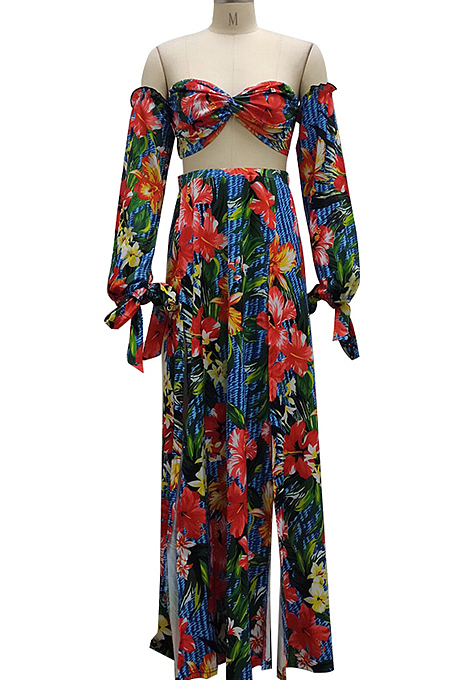 Black Red Flower  Fashion Sexy Digital Print Boob Tube Top Spliced Women Two Piece SMR10341-2