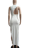 White Pure Color Sexy Sleeveless Open Fork Back Hollow Out Long Dress JP1046-3