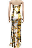 Light Yellow Fashion Sleeveless Chain Chest Binding Bodycon Open Fork Long Dress XZ5166-4