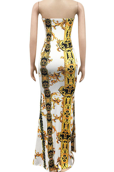 Light Yellow Fashion Sleeveless Chain Chest Binding Bodycon Open Fork Long Dress XZ5166-4