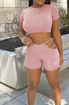 Pink Casual Dew Waist Round Neck Slim Fitting T Shirts Shorts Two Piece SM9193-2