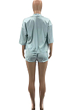 Light Cyan High Elastic Satin Wave Edge Spininess Rubber String Pull A Wrinkled Shirt Shorts Three Piece SZS8036-2