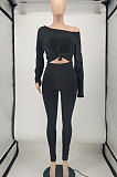 Black Women Pure Color Off Shoulder Long Sleeve Pants Sets SMY8105-1