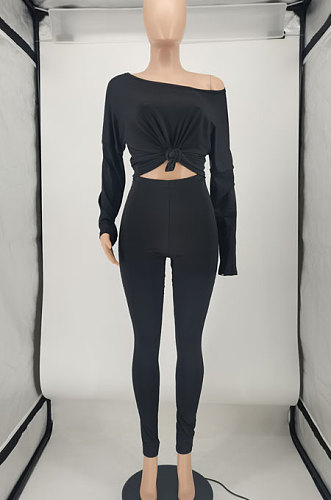 Black Women Pure Color Off Shoulder Long Sleeve Pants Sets SMY8105-1