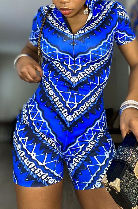Blue Summer Fashion Positioning Printing Slim Fitting Zipper Romper Shorts OEP6297-3