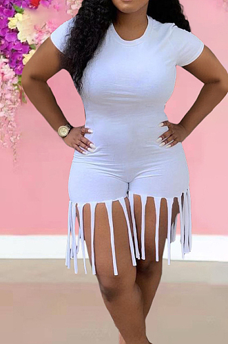 White Summer Casual Pure Color Tassel Jumpsuits KSN8089-2
