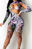 Purple Digetal Printing Strapless Backless Drawsting Two Piece SZS8079-3