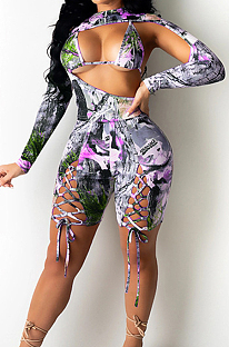 Purple Digetal Printing Strapless Backless Drawsting Two Piece SZS8079-3