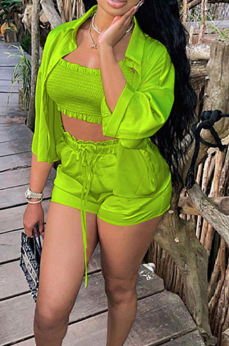 Neon Green Elastic Satin Wave Edge Spininess Rubber String Pull A Wrinkled Shirt Shorts Three Piece SZS8036-8