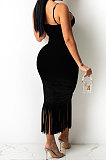 Black Pure Color Fashion Women Sexy Condole Belt Chest Wrap Hollow Out Tassel Midi Dress XZ5225-1