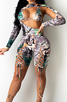 Orange Yellow Digetal Printing Strapless Backless Drawsting Two Piece SZS8079-1