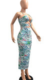 Light Blue Women Sexy Casual Bandage Condole Belt Printing Midi Dress JP1048-3