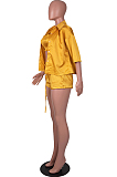 Yellow High Elastic Satin Wave Edge Spininess Rubber String Pull A Wrinkled Shirt Shorts Three Piece SZS8036-1