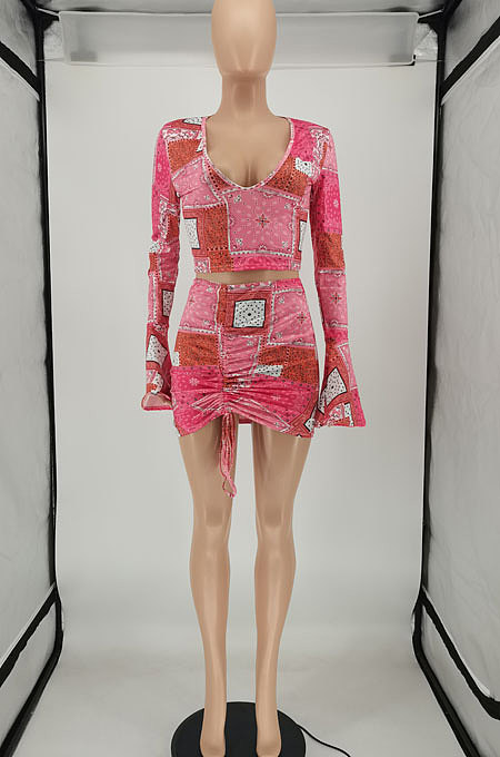 Multi Women Horn Sleeve  Long Sleeve Printing Skirts Sets SMY8106-1