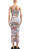 Pink Women Sexy Casual Bandage Condole Belt Printing Midi Dress JP1048-1