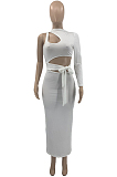 White Fashion Hole Hollow Out Knotted Strap Casual One Sleeve Long Dress KY3086-1