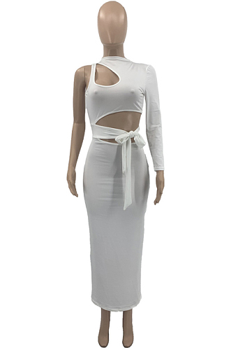 White Fashion Hole Hollow Out Knotted Strap Casual One Sleeve Long Dress KY3086-1