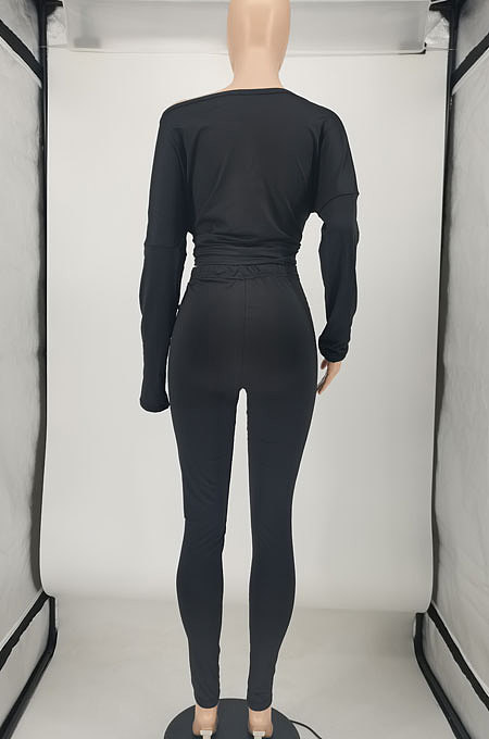 Black Women Pure Color Off Shoulder Long Sleeve Pants Sets SMY8105-1