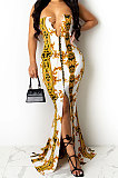 Light Yellow Fashion Sleeveless Chain Chest Binding Bodycon Open Fork Long Dress XZ5166-4