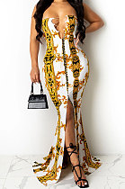 Light Yellow Fashion Sleeveless Chain Chest Binding Bodycon Open Fork Long Dress XZ5166-4