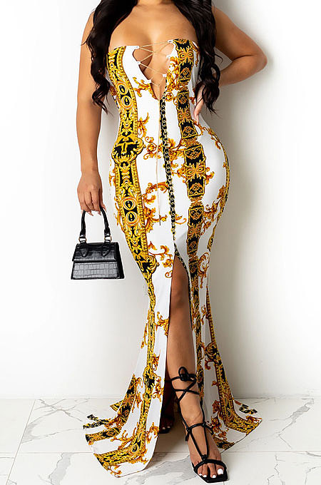 Light Yellow Fashion Sleeveless Chain Chest Binding Bodycon Open Fork Long Dress XZ5166-4