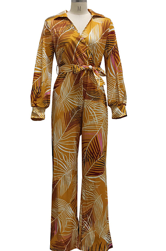 Yellow Fashion Sexy Digital Printing V Neck Wide Leg Jumpsuits SMR10324-1