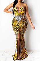 Dark Yellow Fashion Sleeveless Chain Chest Binding Bodycon Open Fork Long Dress XZ5166-3