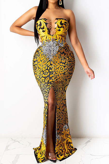 Dark Yellow Fashion Sleeveless Chain Chest Binding Bodycon Open Fork Long Dress XZ5166-3