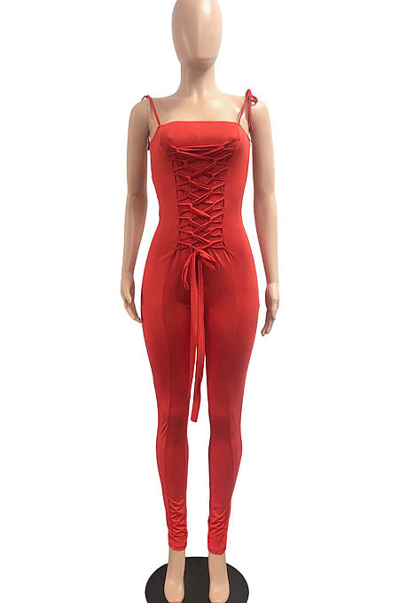 Red Women Casual Pure Color Back Ruffle Condole Belt Bandage Bodycon Jumpsuits JP1050-3