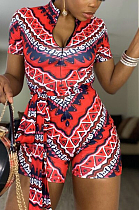 Red Summer Fashion Positioning Printing Slim Fitting Zipper Romper Shorts OEP6297-1
