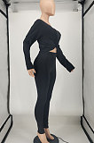 Black Women Pure Color Off Shoulder Long Sleeve Pants Sets SMY8105-1