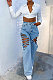 High Waist Tight Straight-leg Pants Hole Casual Loose Jeans Long Pants XQ1135