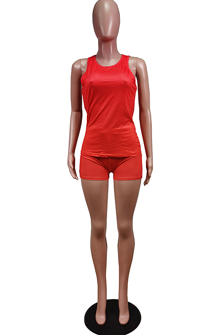 Fashion Sexy Pure Color Printing Tank Shorts Two Piece WY6821