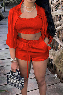 Red Elastic Satin Wave Edge Spininess Rubber String Pull A Wrinkled Shirt Shorts Three Piece SZS8036-6
