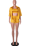 Yellow High Elastic Satin Wave Edge Spininess Rubber String Pull A Wrinkled Shirt Shorts Three Piece SZS8036-1