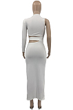 White Fashion Hole Hollow Out Knotted Strap Casual One Sleeve Long Dress KY3086-1
