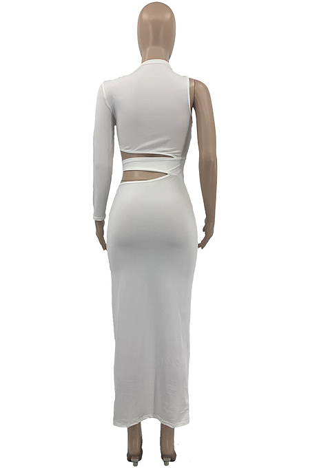 White Fashion Hole Hollow Out Knotted Strap Casual One Sleeve Long Dress KY3086-1