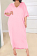 Pink Fashion Pure Color Deep V Neck Loose Casual Long Dress YX9289-4