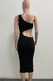 Black Pure Color One Shoulder Back Hollow Out Screw Thread Midi Dress XQ1133-3