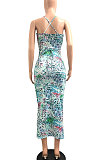 Light Blue Women Sexy Casual Bandage Condole Belt Printing Midi Dress JP1048-3